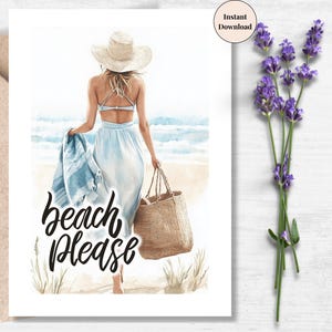 Beach Please Printable Card – Watercolor Summer Girl at Shore, Fun Greeting for Beach Lovers, Ocean Vacation Wall Art | Instant download