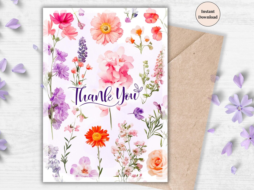 Wildflower Thank You Card: Floral Watercolor Greeting (PDF & PNG) - Etsy