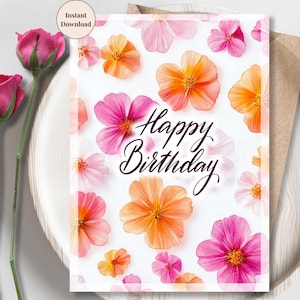 Pink & Orange Floral Birthday Card – Printable Bright Blooms Card for Her, Girlfriend Tropical Inspired Digital Greeting with Feminine Touch