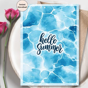 Bonjour l'été à imprimer dans l'eau de la piscine : carte de voeux aquarelle cool avec texture de piscine, oeuvre d'art murale estival rafraîchissante | Téléchargement instantané