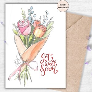 Wrapped Bouquet Get Well Soon Card | Feminine Printable with Hand-Tied Flowers | Sweet Encouragement Gift for Friend, Family or Loved Ones