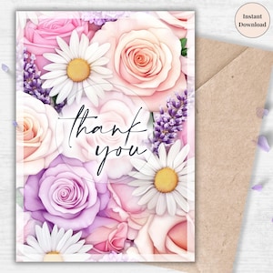 Floral Daisy and Rose Thank You Card – Printable Greeting for Family, Teacher, Friend, Loved One or Everyday Appreciation in Pastel Tones