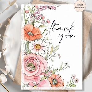 Sketch Style Floral Thank You Card – Printable Botanical Greeting with Hand-Drawn Flowers for Moms, Sister, In Law, Mentors or Coworkers