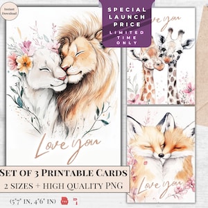 Pacote de cartões de felicitações de dia dos namorados para impressão em aquarela com 3 designs | Cartão eletrônico fofo de aquarela de animal selvagem | Download digital | Design em pastel