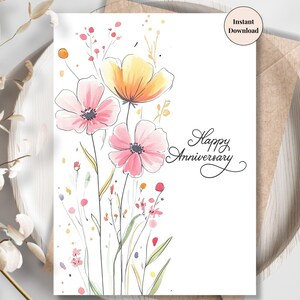 Printable Anniversary Card With Yellow And Pink Flowers – Minimalistic Romantic Digital Greeting For Wife Or Girlfriend, Modern Love Note
