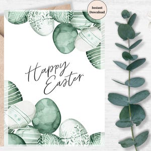 Green Watercolor Easter Egg Card | Printable Minimalist Spring Greeting | Digital Happy Easter Download | Nature-Inspired Holiday Decor