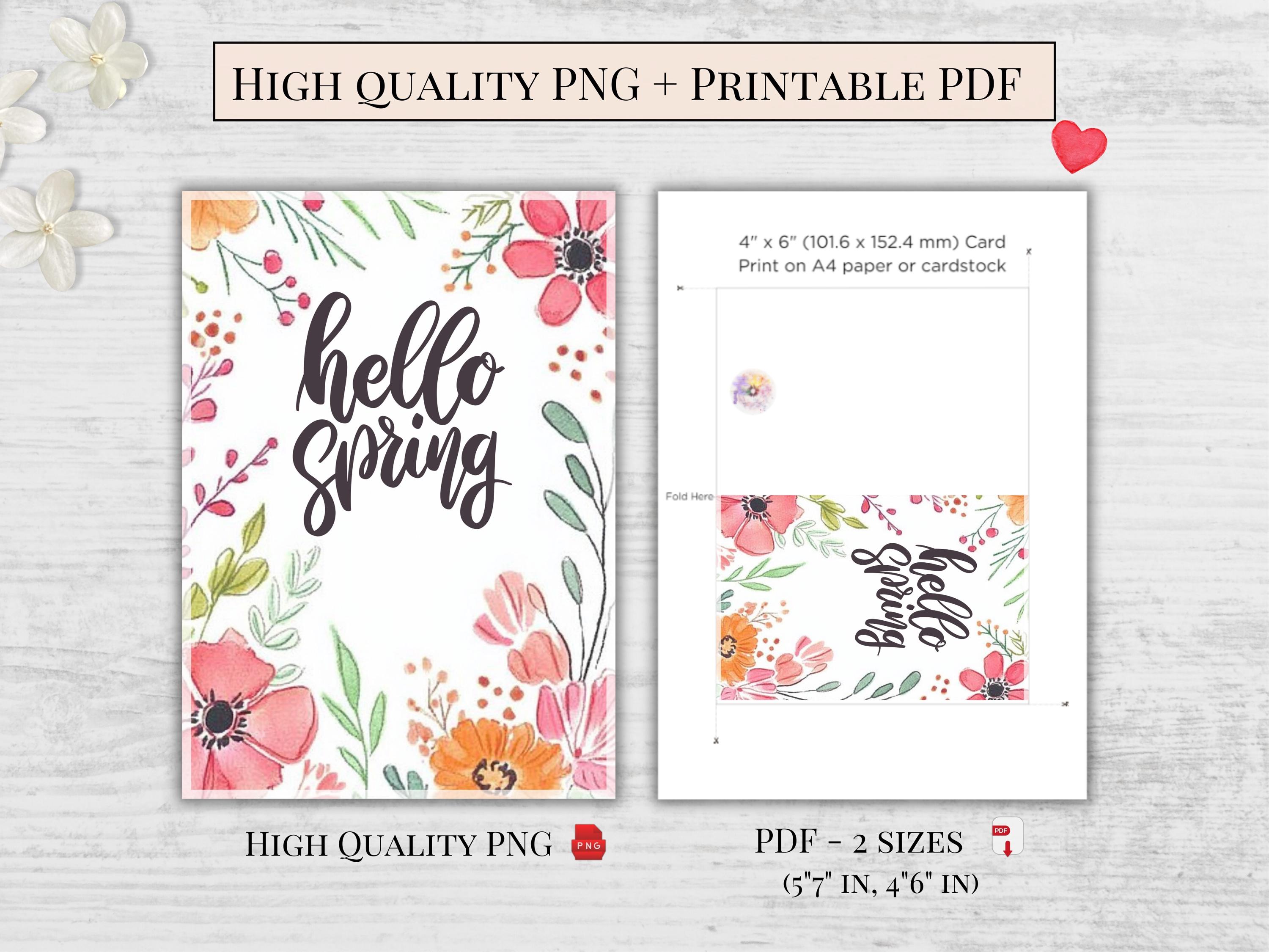 Printable Card For Spring Printable Spring Card - Floral Hello Spring Greeting - Watercolor ...