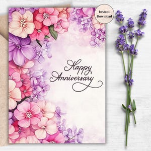 Tarjeta de aniversario imprimible • Tarjeta digital floral morada • Tarjeta romántica de acuarela • Regalo de aniversario de bodas para ella y él PDF / Día especial