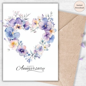 Cartão de aniversário com coração floral azul e roxo – Cartão de amor digital para impressão para marido, esposa, ele ou ela, namorado ou presente romântico para casal