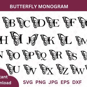 Schmetterling Monogramm SVG, Schmetterling Buchstabe Ausschneidedatei, Alphabet, Monogramm digital, druckbare Buchstaben, Sublimation, Schmetterling Schriftart, PNG, eps, DXF