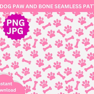 May include: A seamless pattern featuring pink paw prints and bones on a white background. The pattern is perfect for dog lovers and can be used for a variety of projects, such as fabric, wallpaper, and wrapping paper.