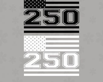 May include: A digital design featuring the American flag with the number "250" in a bold font. The design is in black and white, with a mirrored version below. The bottom of the image includes file type information: PNG 300 DPI - SVG - DXF - EPS.