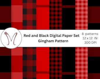 Rött rutigt digitalt papper, ginghambakgrund, ginghammönster, digitalt julpapper, svart och rött sömlöst flanellmönster buffelpläd