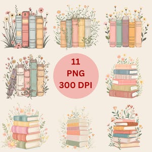 May include: Watercolor illustrations of books in various arrangements, adorned with floral accents. The image includes stacks and rows of books in pastel colors, with the text "11 PNG 300 DPI" in a pink circle.