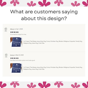 May include: Image featuring customer reviews about a design. The text reads "What are customers saying about this design?" and includes two reviews with star ratings and comments. The reviews also show a navy blue t-shirt with the text "I'M A PROJECT THAT keeps Jesus busy".