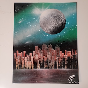Spray Paint Art, Galaxy Cityscape with a planet