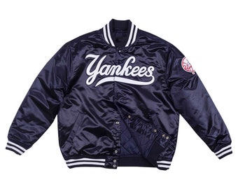 NY Yankees Vintage 90s Chaqueta atlética azul satinado bomber estilo chaqueta varsity