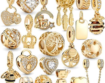 925 Sterling Silber Goldene Farbe Charme Krone Stammbaum Sicherheitskette Herz Perle passen Original Charm Armband Geschenk Frauen für Schmuck machen