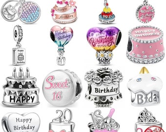 New 925 Sterling Silver hot air balloon Charms happy birthday Beads Cake Dangle Fit Original Charm Bracelet DIY Pendant Best Birthday Gift