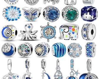 925 Sterling Silber, passend für Original-Charm-Armbänder, Charm-Schmuck, DIY, blaue Clip-Perle, Galaxie, Sternenhimmel-Serie, Anhänger, Mond baumeln