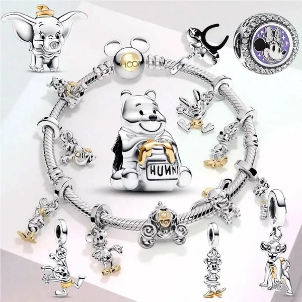 Argent sterling s925 anniversaire Dumbo Winnie l'ourson créé en laboratoire à breloques pendantes en forme de diamant Bracelet à breloques, cadeau bijoux à bricoler soi-même