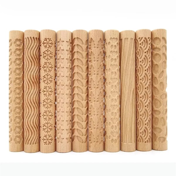 1PC Wooden Texture Rolling Pin Ceramic Pottery Art Embossed Rod Flower Pattern Mud Roll DIY Handmade Sculpture Clay Craft Tools