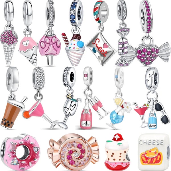 Ajustement original bracelet à breloques bijoux en argent massif 925 donut dessert gâteau d'anniversaire tasse glace bonbons sucrés perles cadeau saint valentin pour elle