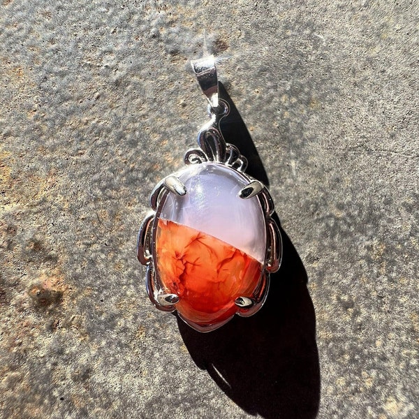 Intarsia Stone Jewelry, Holly Blue Agate Carnelian Necklace, Holley Blue Agate Carnelian Jewelry in Sterling Silver, Intarsia Gem Pendant