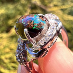 Real Australian Boulder Opal Ring in Sterling Silver, Natural Opal Crystal Jewelry, October Birthstone