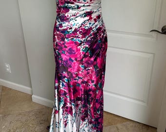 Y2K Caché strapless satijnen zeemeerminjurk met bloemenprint, maat 4
