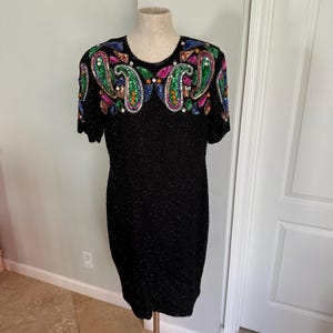 Vintage 1980&#39;s Original Stenay Black Silk Sequin Beaded Dress