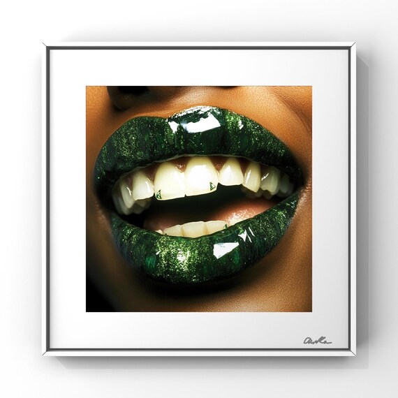 Afrocentric Lips Digital Collage Art Print –Green Grillz Melanin Beauty – Black Woman Editorial Wall Art – 8x8 Luxe Portrait