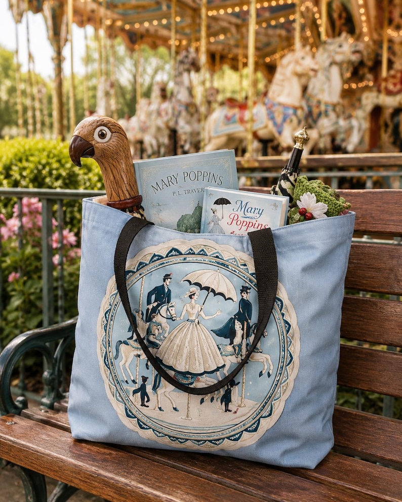 Tote bag with vintage carousel horses illustration in powder blue and cream