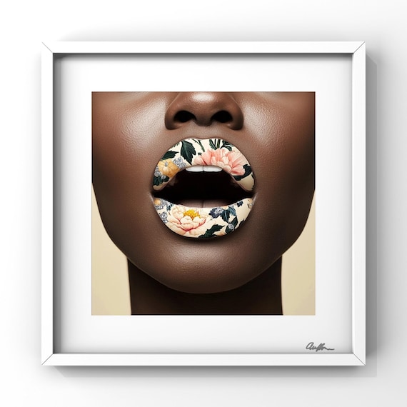 Afrocentric Lips Digital Collage Art Print –Spring Floral Melanin Beauty – Black Woman Editorial Wall Art – 8x8 Luxe Portrait