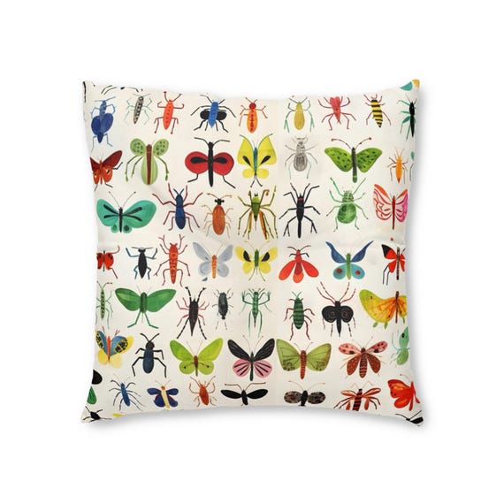 Colorful Insect Tufted Floor Pillow, Boho Decor, Nature Inspired Cushion, Bug Lover Gift, Scandi Style Home Accents