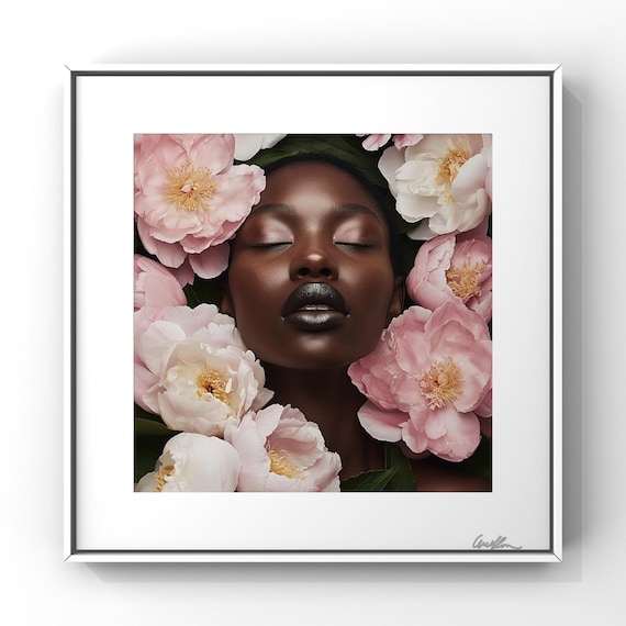 Afrocentric Digital Collage Art Print –Spring Floral Melanin Beauty – Black Woman Editorial Wall Art – 8x8 Luxe Portrait