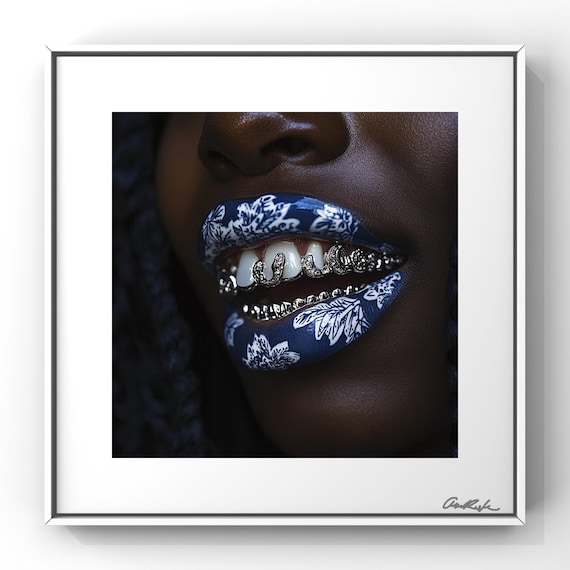 Afrocentric Digital Collage Art Print - Girl Grillz in Blue-Melanin Beauty – Black Woman Editorial Wall Art – 8x8 Luxe Portrait