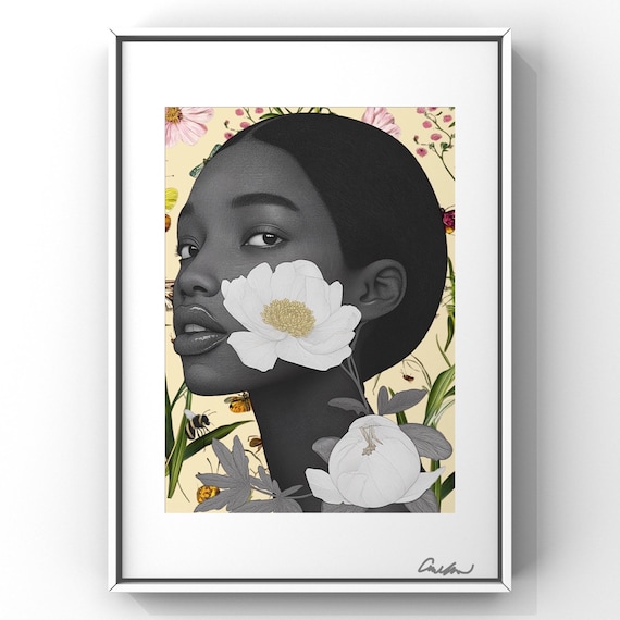 Afrocentric Digital Collage Art Print –Spring Floral Melanin Beauty – Black Woman Editorial Wall Art – 8x10 Luxe Portrait