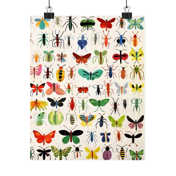 Nursery Poster, Bug Art Print, Children's Room Wall Decor, Insect Illustration, Matte Vertical Artwork, Whimsical Kids Decoration