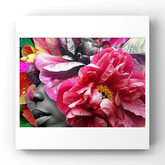Afrocentric Digital Collage Art Print –Spring Floral Melanin Beauty – Black Woman Editorial Wall Art – 8x10 Luxe Portrait