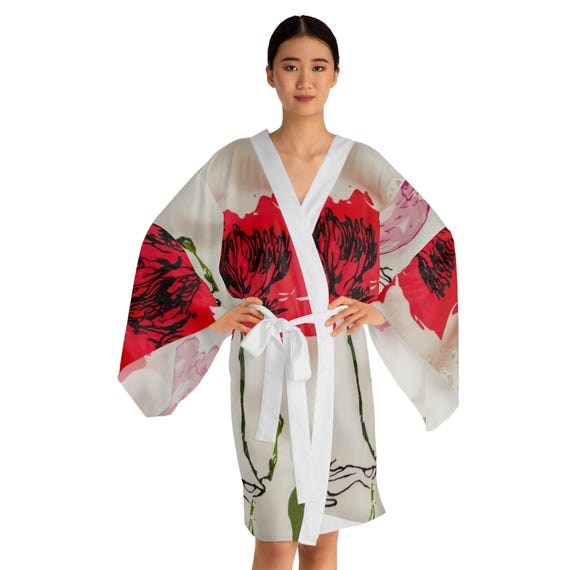 Kimono Robe, Bold Floral Print, Flowy Wrap Robe, Boho Chic Bathrobe, Lightweight Lounge Wear, Japanese Inspired, Long Sleeve Robe