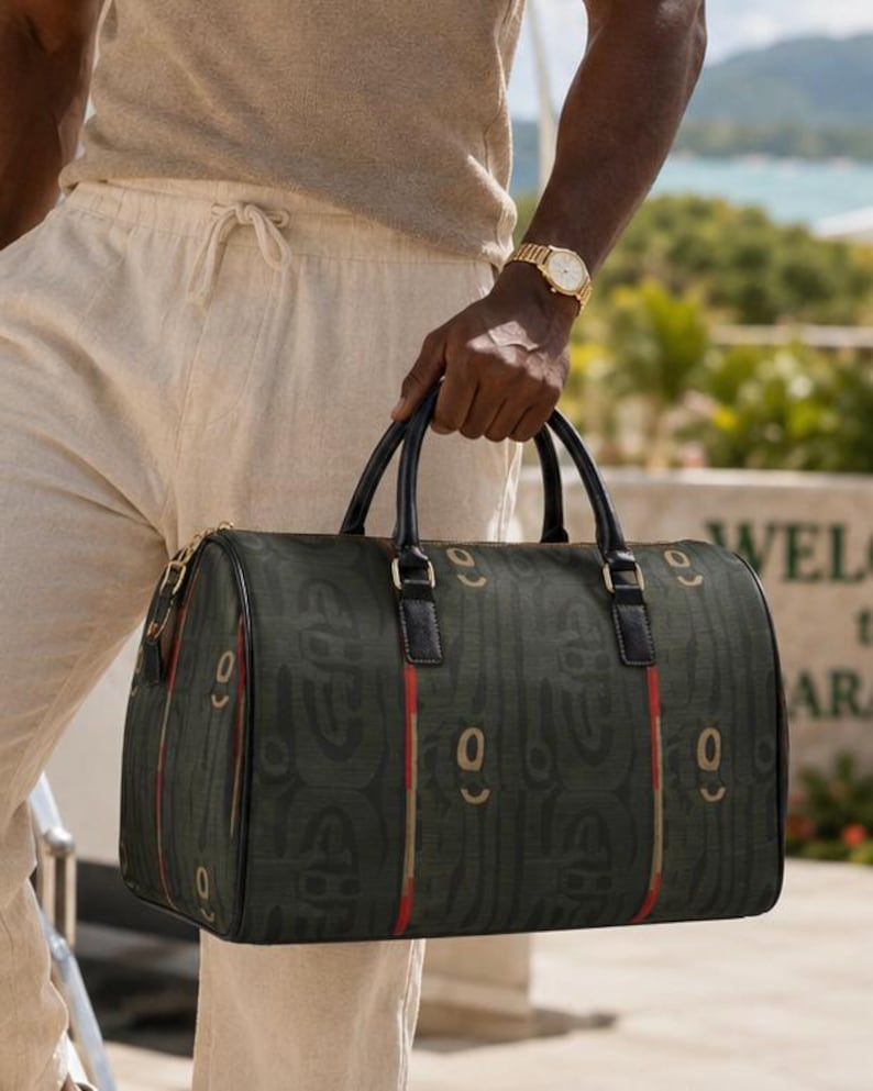 Faux leather weekender duffle bag with African tribal pattern