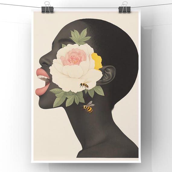 Afrocentric Digital Collage Art Print –Spring Floral Melanin Beauty – Black Woman Editorial Wall Art – 8x10 Luxe Portrait