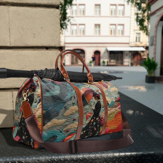 Mary Poppins Inspired Bag, Waterproof Travel Tote for Women, Carpet Bag Clutch Purse, Faux Embroidery Handbag, Fun Travel Accessory