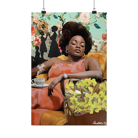 Kaleidoscope Series Art Print Relaxed Elegance with Afro-Black Woman Lounging Floral Mom Sister Daughter