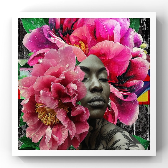 Afrocentric Digital Collage Art Print –Spring Floral Melanin Beauty – Black Woman Editorial Wall Art – 8x8 Luxe Portrait