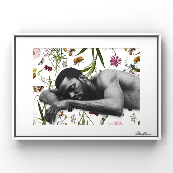 Afrocentric Digital Collage Art Print –Spring Floral Melanin Beauty – Black Man at Rest- Editorial Wall Art – 10 x 8 Luxe Portrait
