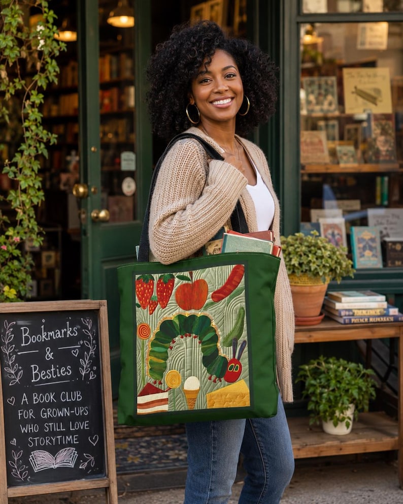 Faux embroidered story book tote inspired by The Very Hungry Caterpillar