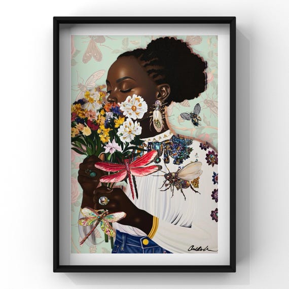 Afrocentric Digital Collage Art Print –Spring Floral Jewels Melanin Beauty – Black Woman Editorial Wall Art – 8x10 Luxe Portrait