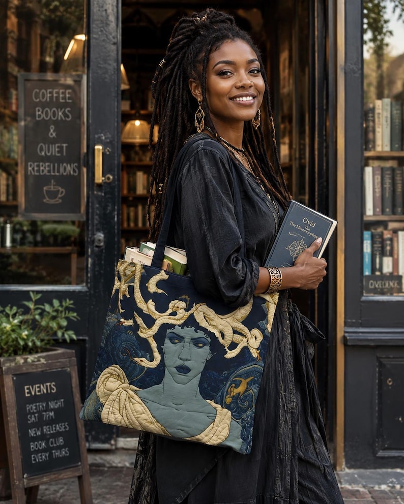 Tote bag with dark blue mythological Medusa portrait illustration